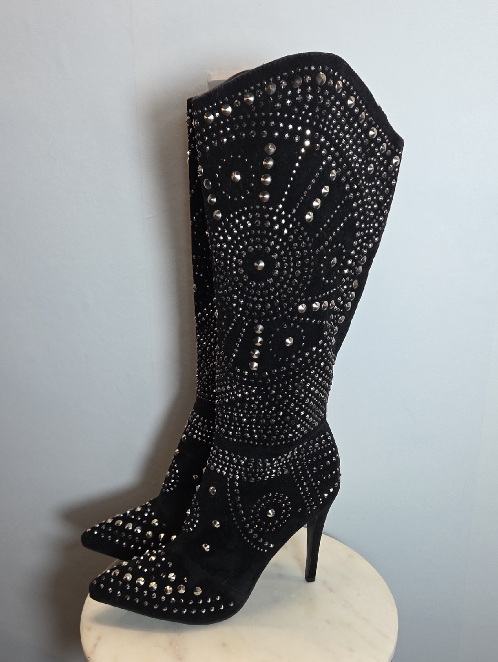 Olivia Miller Black Studded Knee-High Pointed Stiletto Boots Size 8.5